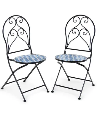 2PCS Patio Folding Mosaic Bistro Chairs Flower Pattern Seat Garden
