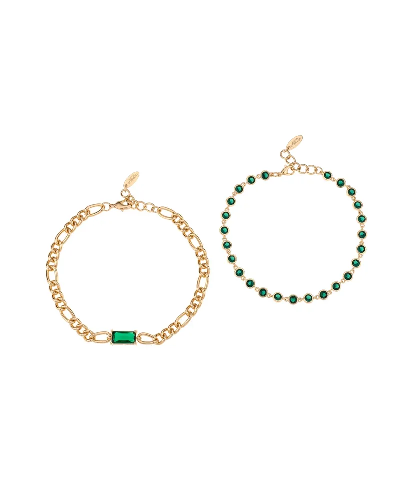 Ettika Bejeweled Emerald 18K Gold Plated Anklet Set, 2 Pieces