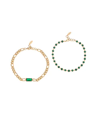 Ettika Bejeweled Emerald 18K Gold Plated Anklet Set, 2 Pieces