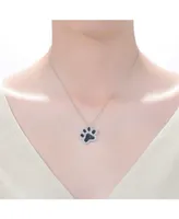 Genevive White Gold Plating with Black & White Cubic Zirconia Cat Dog Pet Paw Pendant Necklace in Sterling Silver