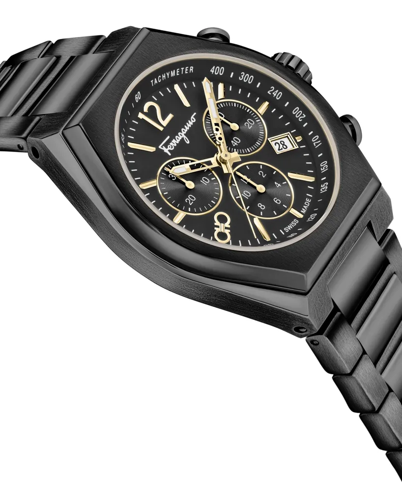 Salvatore Ferragamo Men's Swiss Chronograph Tonneau Black Ion Plated Stainless Steel Bracelet Watch 42mm