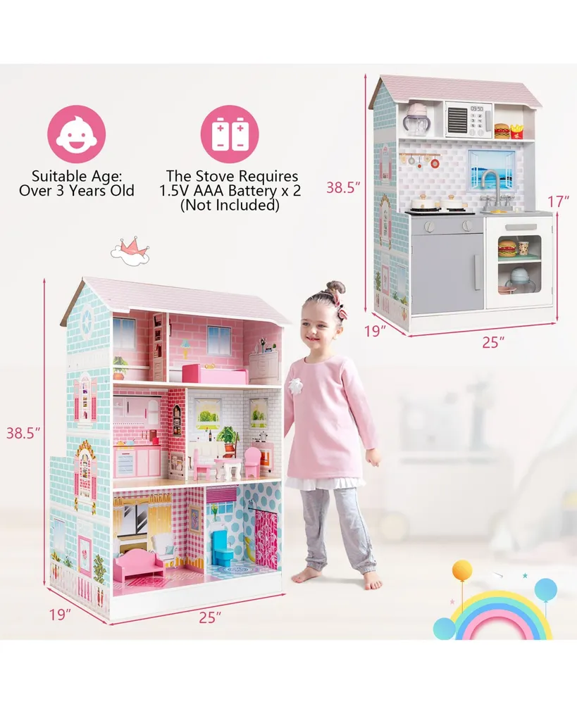 2-In-1 Double Sided Kids Kitchen Playset & Dollhouse W/ Accessories & Furniture