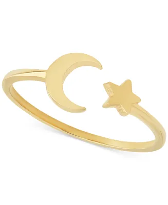 Polished Crescent Moon & Star Cuff Ring in 10k Gold