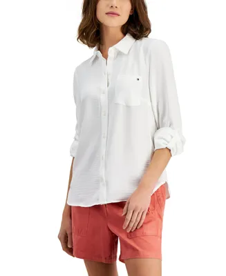 Tommy Hilfiger Women's Roll-Tab-Sleeve Button-Down Emblem Shirt