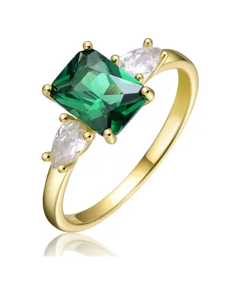 Genevive Sterling Silver 14k Yellow Gold Plated with Emerald & Cubic Zirconia 3-Stone Engagement Anniversary Ring