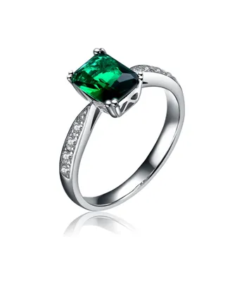 Genevive Sterling Silver White Gold Plated Emerald Cubic Zirconia Eternity Rectangle Band Ring