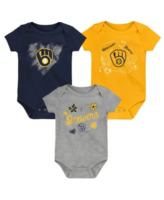 Girls Newborn and Infant Navy, Gold, Heathered Gray Milwaukee Brewers 3-Pack Batter Up Bodysuit Set