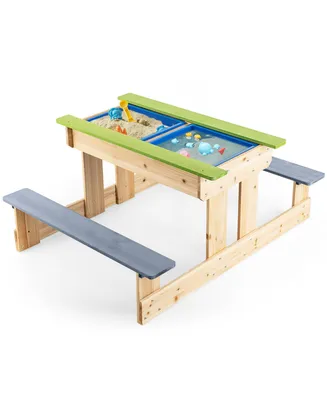Costway 3-in-1 Kids Picnic Table Outdoor Wooden Water Sand Table w/ Play Boxes