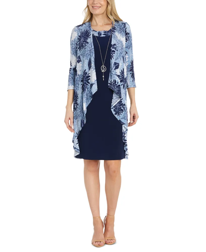 R & M Richards Women's Flyaway-Airbrush Puff-Print Jacket Necklace Dress