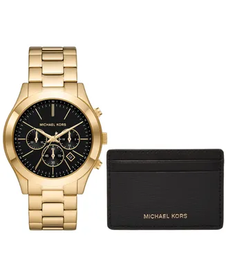 Michael Kors Men's Slim Runway Quartz Chronograph Gold-Tone Stainless Steel Watch 44mm and Slim Card Case Set