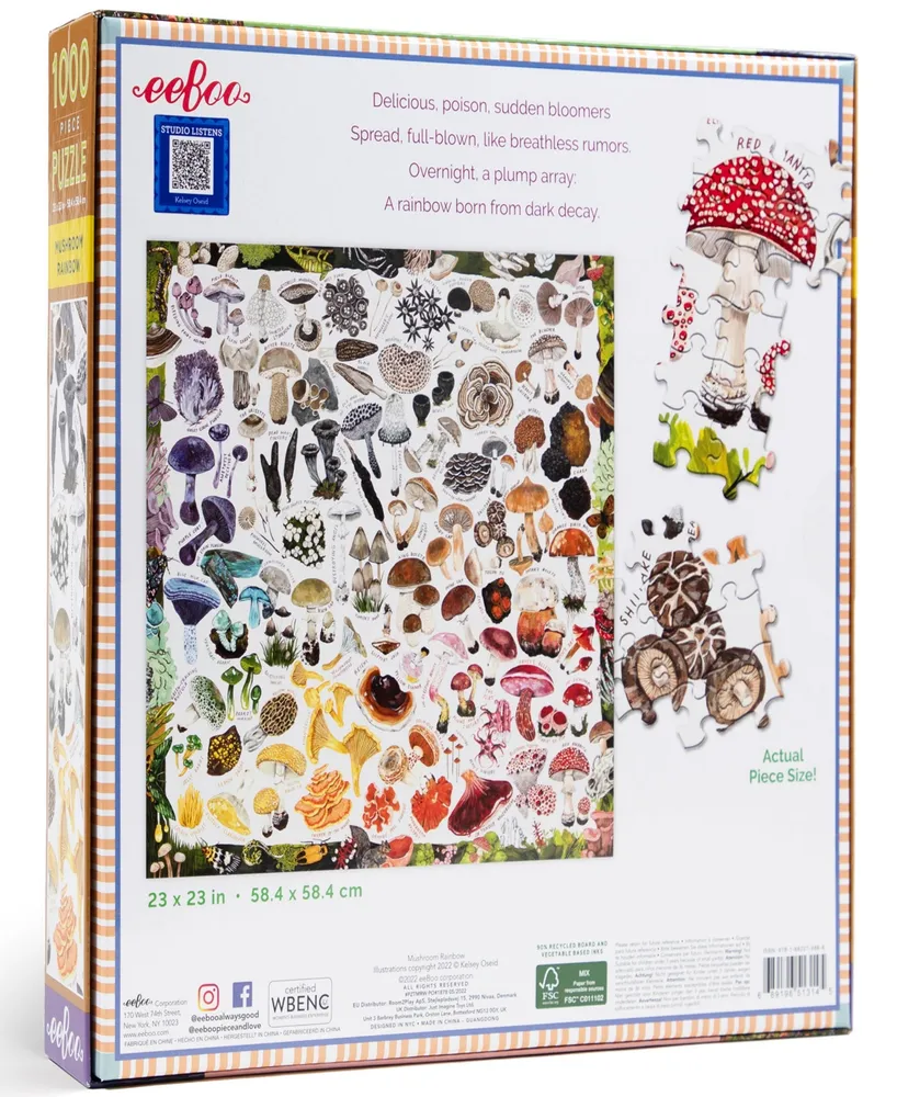 Eeboo Piece And Love Mushroom Rainbow 1000 Piece Square Adult Jigsaw Puzzle Set, Ages 14 years and up