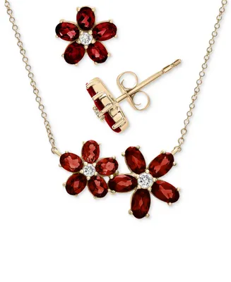 2-Pc. Set Garnet (4-3/4 ct. t.w.) & White Topaz (1/4 ct. t.w.) Flower Pendant Necklace & Matching Stud Earrings in 14k Gold-Plated Sterling Silver