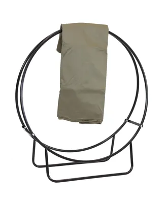 Sunnydaze Decor Outdoor Firewood Log Rack Hoop and Cover Set - Powder-Coated Steel Round Firewood Rack and Pvc Cover - Khaki - 40-Inch