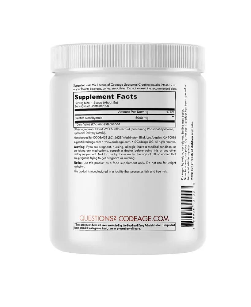 Codeage Liposomal Creatine Monohydrate Powder Unflavored, Pre & Post Workout Supplement - 16.03 oz