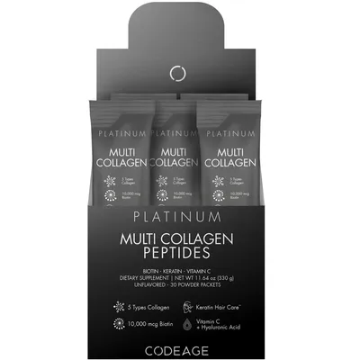 Codeage Multi Collagen and Biotin 10,000 mcg + Vitamin C Powder Supplement, B6 & D3 - Platinum - 30 Stick Packs