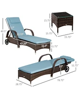 Outsunny 3 Piece Outdoor Furniture Set, 2 Reclining Chaise Lounge Chairs, Rolling Wheels, Armrests, Headrests, Thickly Cushioned, 1 Side Table