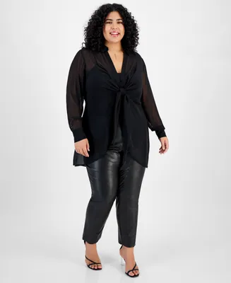Bar Iii Plus Size Tie-Front Semi-Sheer Blouse, Created for Macy's