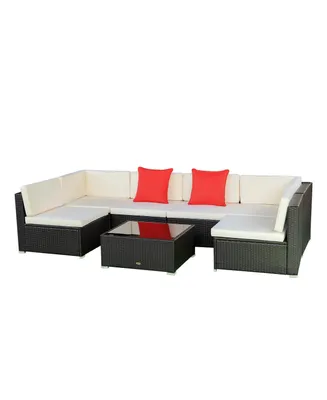 Outsunny Patio Furniture Set, 7 Pieces, Sectional Sofa, All Weather Pe Plastic Rattan Conversation Set, Glass Table, 6 Seats, Soft Cushions, 2 Throw P