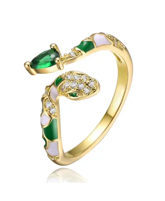 Rachel Glauber Ra 14k Yellow Gold Plated with Emerald & Cubic Zirconia Coiled Snake Serpent Open Bypass Cuff Ring