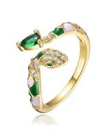 Rachel Glauber Ra 14k Yellow Gold Plated with Emerald & Cubic Zirconia Coiled Snake Serpent Open Bypass Cuff Ring