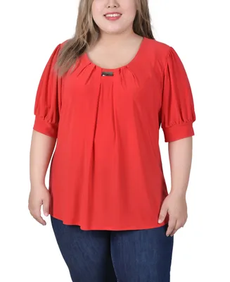 Ny Collection Plus Size Short Balloon Sleeve Top with Hardware