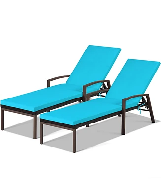 Costway 2PCS Patio Rattan Lounge Chair Chaise Recliner Back Adjustable Cushioned