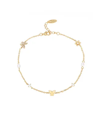 Ettika 18K Gold Plated Butterfly Imitation Pearl Anklet