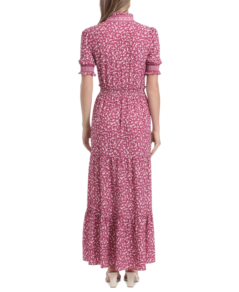 London Times Petite Ruffled-Neck Floral Maxi Dress