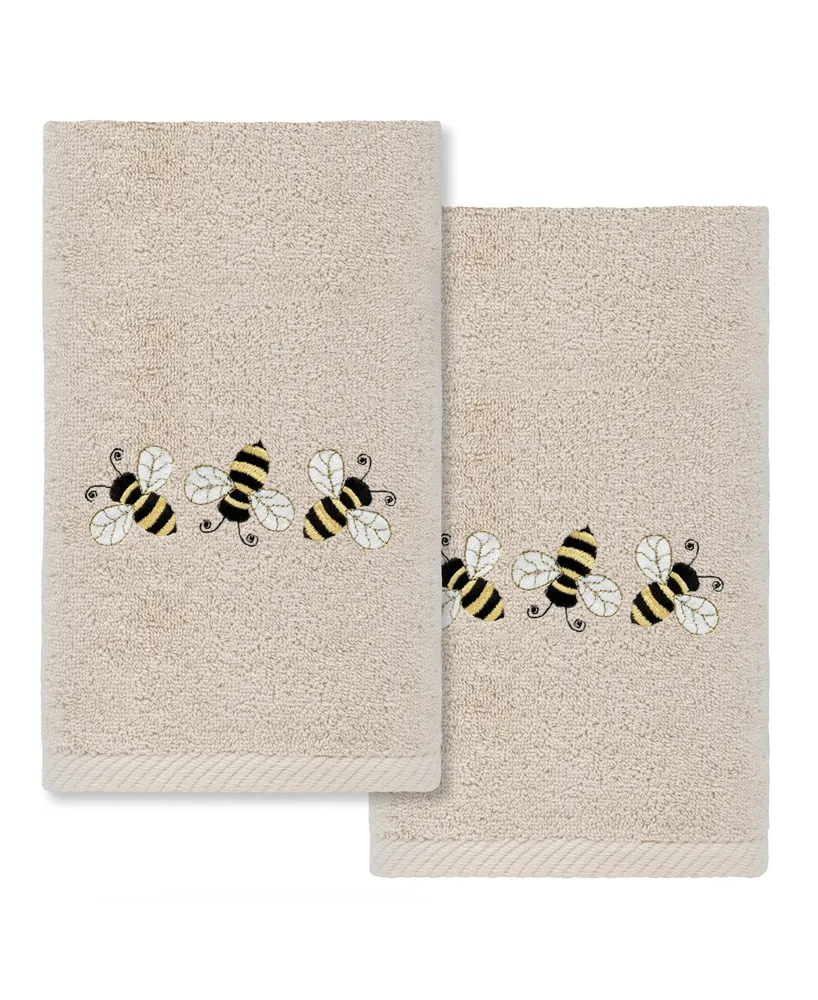 Linum Home Textiles Bee Dance Embroidered Luxury 100% Turkish Cotton Hand Towels, Set of 2, 30" x 16"