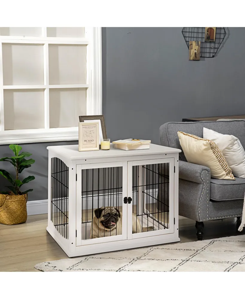PawHut Dog Crate Furniture Wire Pet Cage Wooden Dog Kennel, End Table with  Double Doors, and Locks, for Medium and Large Dog House Indoor Use, gray