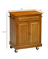 Homcom Modern Kitchen Island on Wheels, Rolling Serving Cart with Drawer, Storage Cabinet, and 2 Towel Racks for Dining Room, Brown