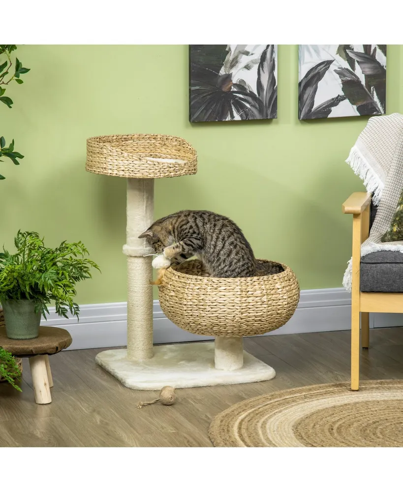 PawHut 28" Elevated Cat Bed with Sisal Scratching Post for Indoor Kitties, Modern Cat Tree with Cute Basket Design, Small Cat Tree with Fun Ball Toy