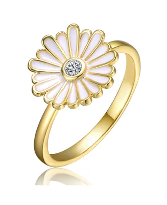 Rachel Glauber Ra Young Adults/Teens 14k Yellow Gold Plated with Cubic Zirconia White Enamel Daisy Flower Ring