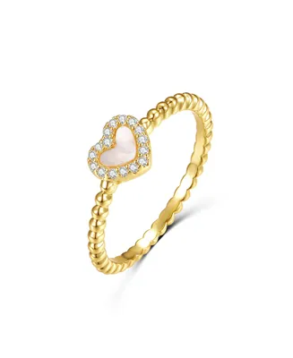 Rachel Glauber Ra 14k Yellow Gold Plated with Mother of Pearl & Cubic Zirconia Beaded Band Promise Stacking Ring