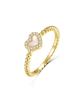 GiGiGirl 14k Yellow Gold Plated with Mother of Pearl & Cubic Zirconia Beaded Band Promise Stacking Ring