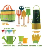 Kids Toy Garden Tool Set 12-Piece - Shovel, Rake Fork Trowel Apron Gloves Watering Can and Tote Bag