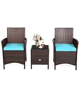 Costway 3PCS Patio Rattan Furniture Set Cushioned Sofa Glass Tabletop Deck