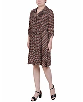 Ny Collection Petite Geometric Printed Roll Tab Sleeve Dobby Shirt Dress