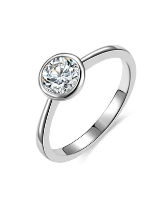 Rachel Glauber Ra White Gold Plated with Cubic ZIrconia Modern Bezel Promise Engagement Ring