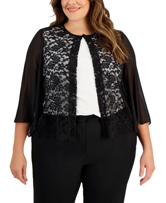Connected Plus Size Collarless 3/4-Chiffon-Sleeve Lace Shrug
