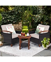 3PCS Patio Rattan Furniture Set Wooden Frame Cushion Table Shelf