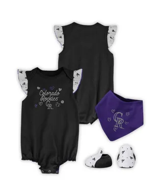 Girls Newborn and Infant Black Colorado Rockies 3-Piece Home Plate Bodysuit Bib Booties Set