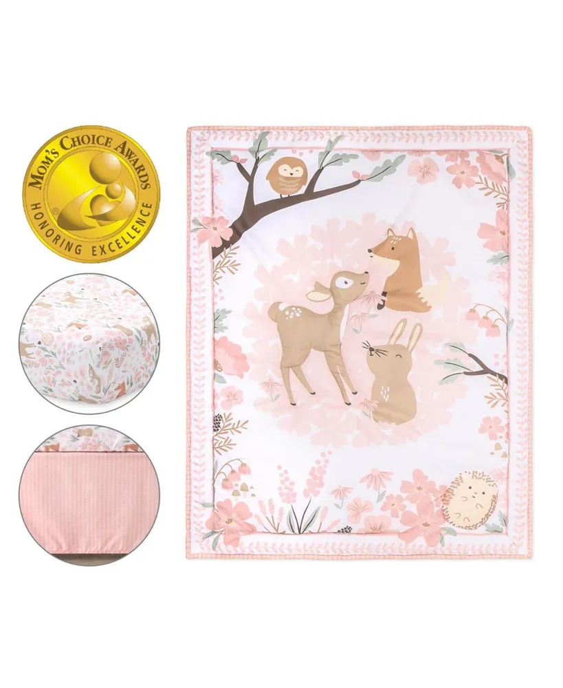 The Peanutshell Pink and White Fairytale Forest Crib Bedding Set for Baby Girls, 3 Piece Nursery Set