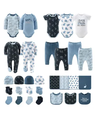 The Peanutshell Newborn Layette Gift Set for Baby Boys or Girls, Blue and White Elephant, 30 Essential Pieces,