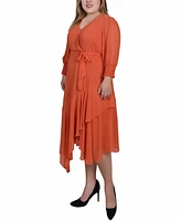 Ny Collection Plus 3/4 Sleeve Belted Chiffon Handkerchief Hem Dress