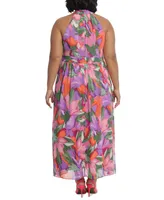 London Times Plus Crisscross Wrap-Neck Halter Maxi Dress