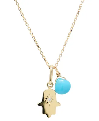 Anzie Diamond Accent & Sleeping Beauty Turquoise Hamsa Hand Two Charm Pendant Necklace in 14k Gold, 16" + 1" extender