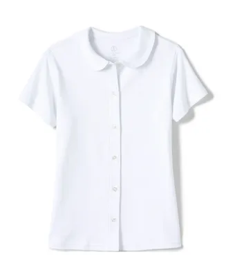 Lands' End Girls School Uniform Short Sleeve Button Front Peter Pan Collar Knit Shirt