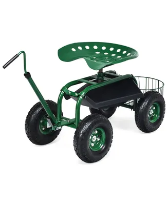 Garden Cart Rolling Work Seat for Planting w/Extendable Handle