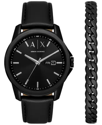 A|X Armani Exchange Men's Three-Hand Day-Date Quartz Black Leather Watch 44mm and Black Stainless Steel Bracelet Set